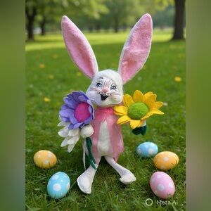 Annalee 12" "Bloomin Bunny" 2016 holding a bouquet of colorful felt flowers-MINT